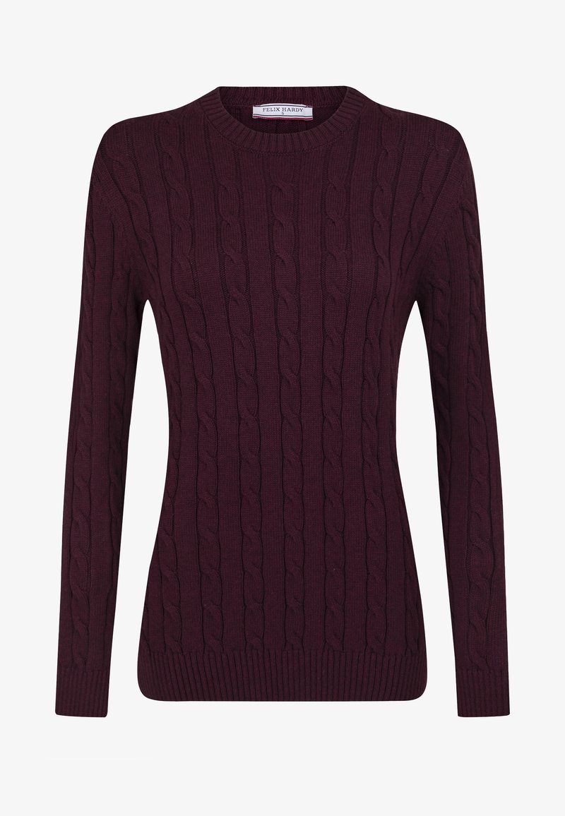 Pull en maille torsadée bordeaux avec un col rond et des manches longues. Présente un ourlet et des poignets côtelés, mettant en avant un motif texturé.