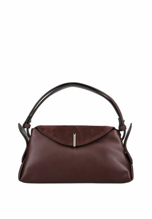 Dunkelbraune Lederhandtasche mit passender Wildlederklappe und einem einzelnen abgerundeten Griff, gesichert durch einen zentralen Metallverschluss.