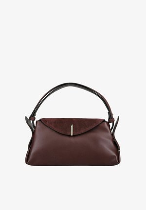 Dunkelbraune Lederhandtasche mit passender Wildlederklappe und einem einzelnen abgerundeten Griff, gesichert durch einen zentralen Metallverschluss.