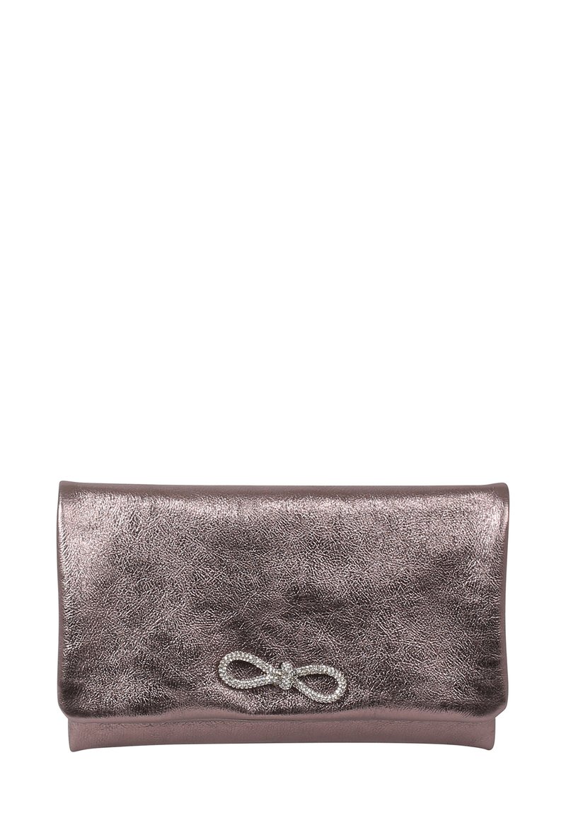 Metallic rose-colored clutch with a smooth, textured finish. Features a decorative rhinestone knot accent on the front. Fold-over design.