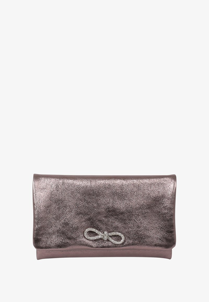 Metallic rose-colored clutch with a smooth, textured finish. Features a decorative rhinestone knot accent on the front. Fold-over design.