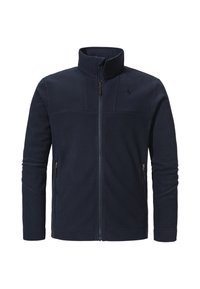 Marineblaue Fleecejacke mit hohem Kragen, Reißverschluss vorne und zwei seitlichen Reißverschlusstaschen. Verfügt über ein paneeliertes Design und dezente Logodetails auf der Brust.