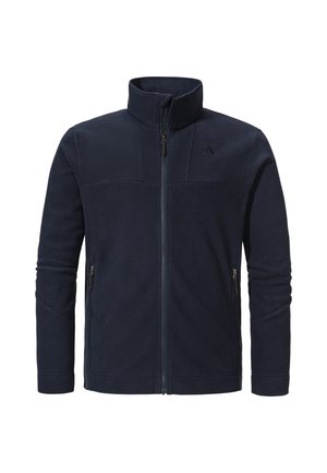 Navy fleece jacket with a high collar, zip front, and two side zip pockets. Features paneled design and subtle logo detail on chest.