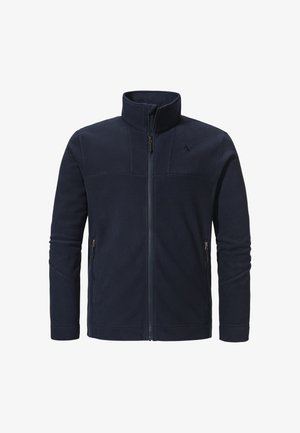 Marineblaue Fleecejacke mit hohem Kragen, Reißverschluss vorne und zwei seitlichen Reißverschlusstaschen. Verfügt über ein paneeliertes Design und dezente Logodetails auf der Brust.