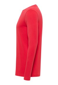 Rotes Langarm-T-Shirt aus weicher Baumwolle. Verfügt über einen Rundhalsausschnitt und eine lässige Passform. Schlichtes Design ohne zusätzliche Muster oder Akzente.
