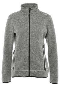 Veste polaire grise zippée avec col montant, rayures horizontales, fermeture éclair noire et deux poches latérales zippées. Tissu doux et texturé.