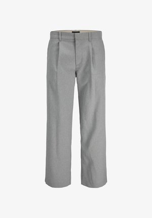 Gai vidēji pelēki bikses ar teksturētu audumu, ar kpleim priekšā, taisnām kājām un standarta jostu aizdarei.