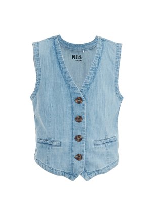 Hellblaues ärmelloses Jeansweste mit vier braunen Knöpfen und zwei Vordertaschen, beschriftet Blue Ridge Größe 134/140.