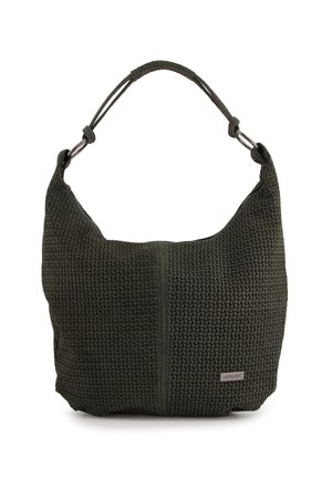 Sac à bandoulière tissé vert avec un matériau texturé, une forme courbée, une courte poignée et un petit logo métallique sur le côté.