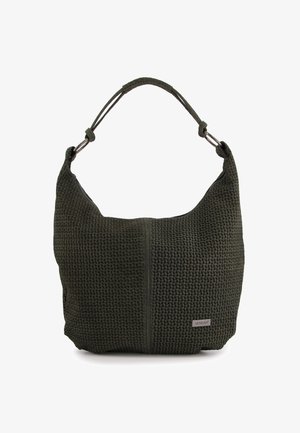 Zielona, tkana torba na ramię o teksturowanym materiale, zaokrąglonym kształcie, krótkim uchwycie i małym metalowym logo na boku.