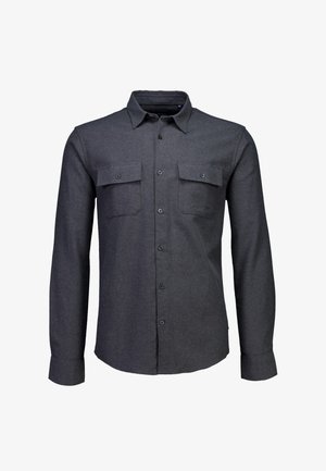 Dunkelgraues Langarmshirt aus strukturiertem Stoff, mit einem Kentkragen, zwei Brusttaschen und Knopfmanschetten.