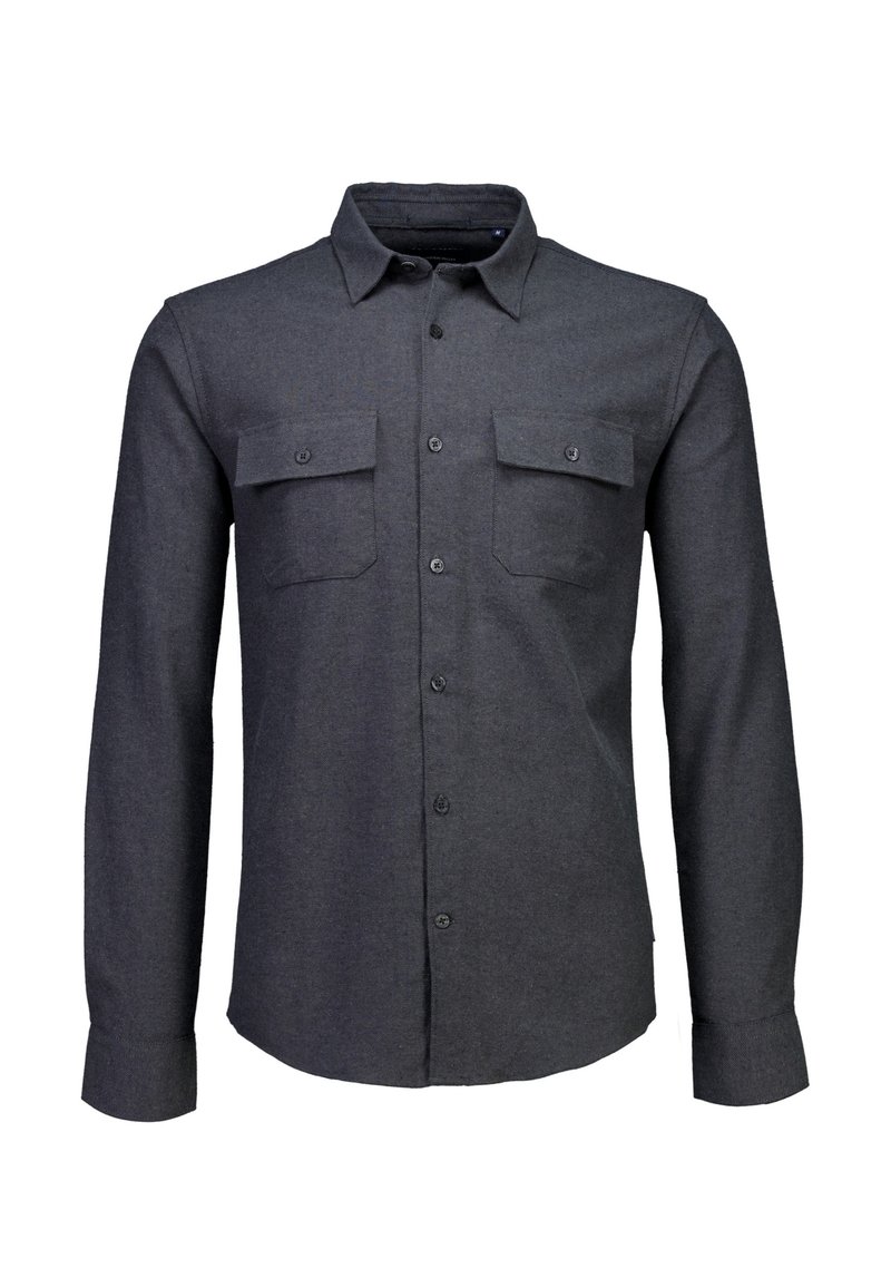 Donkergrijze langemouwen shirt van gestructureerde stof, met een button-down kraag, twee borstzakken en knoopmanchetten.