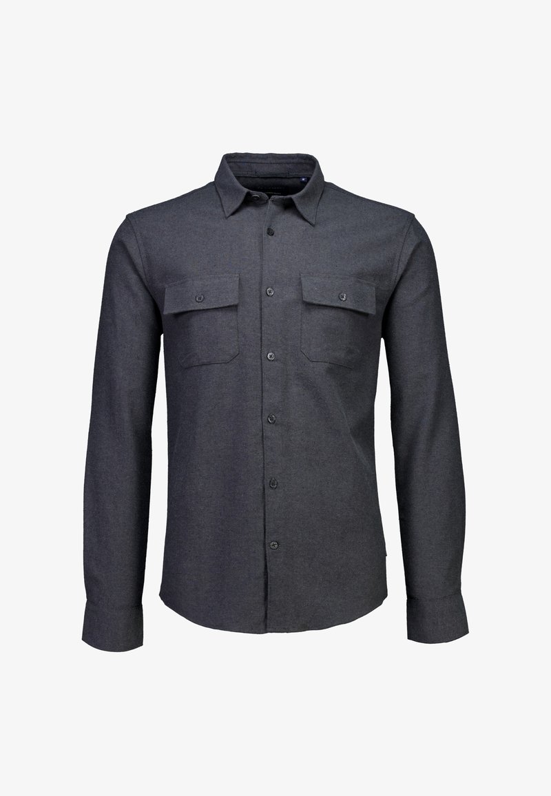 Donkergrijze langemouwen shirt van gestructureerde stof, met een button-down kraag, twee borstzakken en knoopmanchetten.