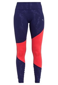 Marinblå och röda träningsleggings med ett texturerat mönster, hög midja och färgblockdesign med kontrasterande paneler. Tillverkade i stretchigt material.
