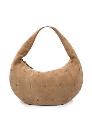 Weiche, hellbraune handtasche aus Wildleder in halbmondform mit kurzem Riemen, kleinen geprägten Blattmustern und Reißverschluss.