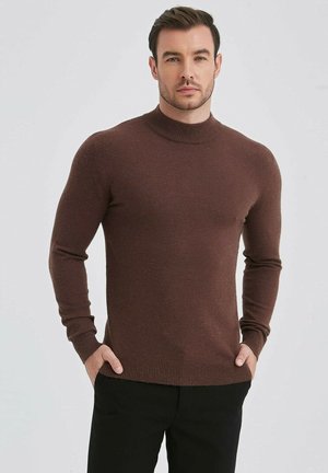 Pull en maille marron à col roulé avec des manches longues et un ourlet côtelé, fabriqué à partir d'un matériau doux et légèrement texturé.