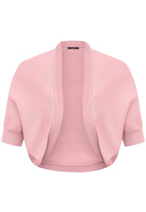 Mäkký ružový pletený svetrík s krátkymi rukávmi, rebrovaným otvoreným predným dielom a priliehavými manžetami, navrhnutý na vrstvenie cez tričká alebo šaty.
