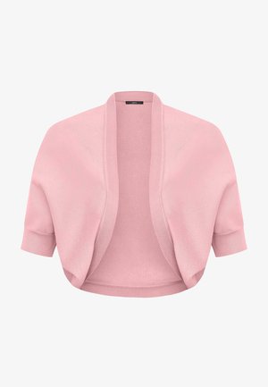 Puha rózsaszín kötött boleró rövid ujjas, bordázott nyitott elülső résszel és testhezálló mandzsettákkal, amely rétegezésre készült felsők vagy ruhák fölé.