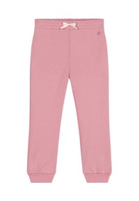 Rosa Jogginghosen mit einem Kordelzugbund, elastischen Bündchen und einer glatten Textur. Verfügt über ein kleines Logo an der linken Hüfte.