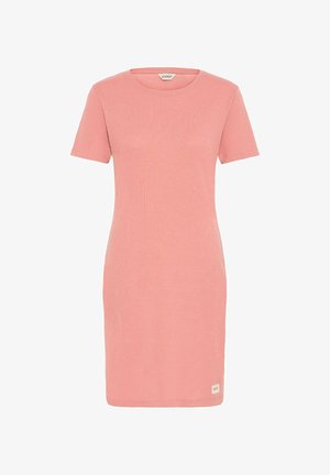 Sukienka z krótkim rękawem w odcieniu różowego pudru, z okrągłym dekoltem i dopasowanym krojem. Metka na dolnym lewym boku.