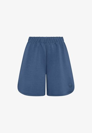 Blå atletiska shorts tillverkade av mjukt tyg, med elastisk midja, sidoklipp vid fållen och en liten logotyp på nedre högra benet.