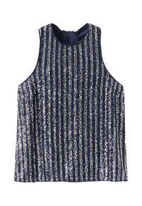 Kozna brezrokavna bluzica v temno modri barvi z navpičnimi črtami iz sijočih srebrnih bleščic; gladka tekstura z visokim ovratnikom in rahlo razširjenim krojem.