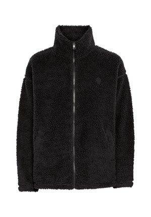 Juodas flisinis džemperis su aukštu apykaklė, užtrauktuku ir tekstūruotu audiniu. Išskirtinis paprastas dizainas be raštų ar matomų metalinių detalių.