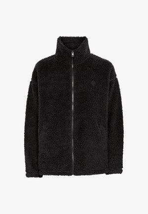 Must must jacket kõrge kraega, lukuga ja tekstureeritud kangaga. Omab lihtsat disaini ilma mustrite või nähtava riistvarata.