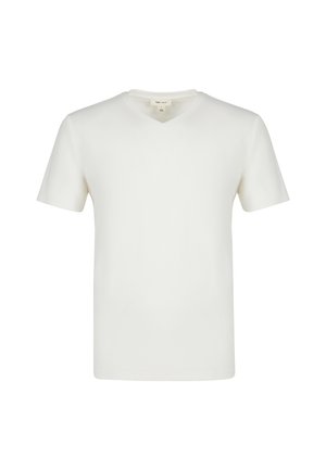 White cotton t-shirt with a v-neck, short sleeves, and a smooth texture. Simple design without patterns or additional accents.