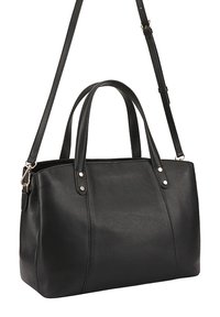 Zwarte leren handtas met dubbele bovenhandvaten, afneembare schouderriem, soepele textuur, gouden hardware en minimalistisch ontwerp.