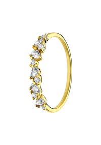 Bague en or ornée de plusieurs pierres précieuses claires de formes rondes et poire, avec un anneau lisse et un sertissage à griffes.