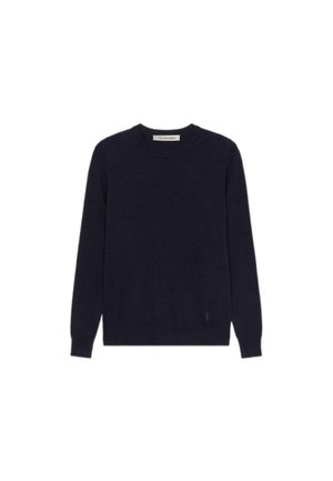 Maglione a maglia blu navy con collo rotondo, maniche lunghe, polsini e orlo a coste, con un piccolo logo accento nella parte anteriore inferiore.
