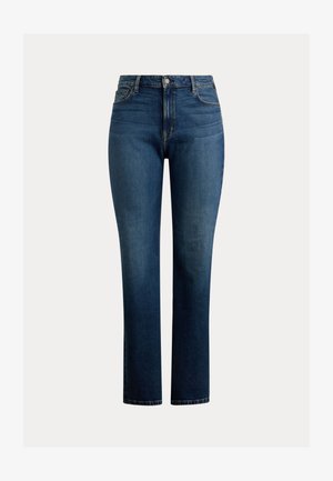 Mėlyni džinsai iš džinsinio audinio, tiesios kojos dizainas, aukštas liemuo, priekinės kišenės ir klasikinis penkių kišenių stilius. Subtilūs raukšlėjimai šlaunų srityje.