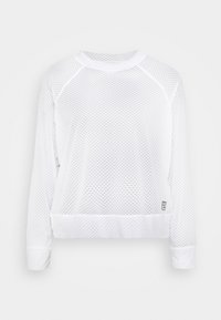 Weißes Mesh-Oberteil mit langen Ärmeln, Raglanärmeln, gerippten Bündchen und Saum. Es verfügt über ein strukturiertes Muster und ein kleines Logolabel am unteren Rand.