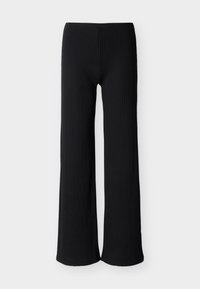 Μαύροι ριγωτοί παντελόνες με ευρύ πατρόν, ψηλή μέση και άνετη εφαρμογή, παρουσιάζονται επίπεδα σε λευκό φόντο.