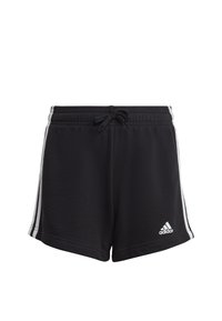 Zwarte sportshorts met een trekkoord in de taille, zijwitte strepen, een gladde textuur en een Adidas-logo op de linkerbovenhoek.