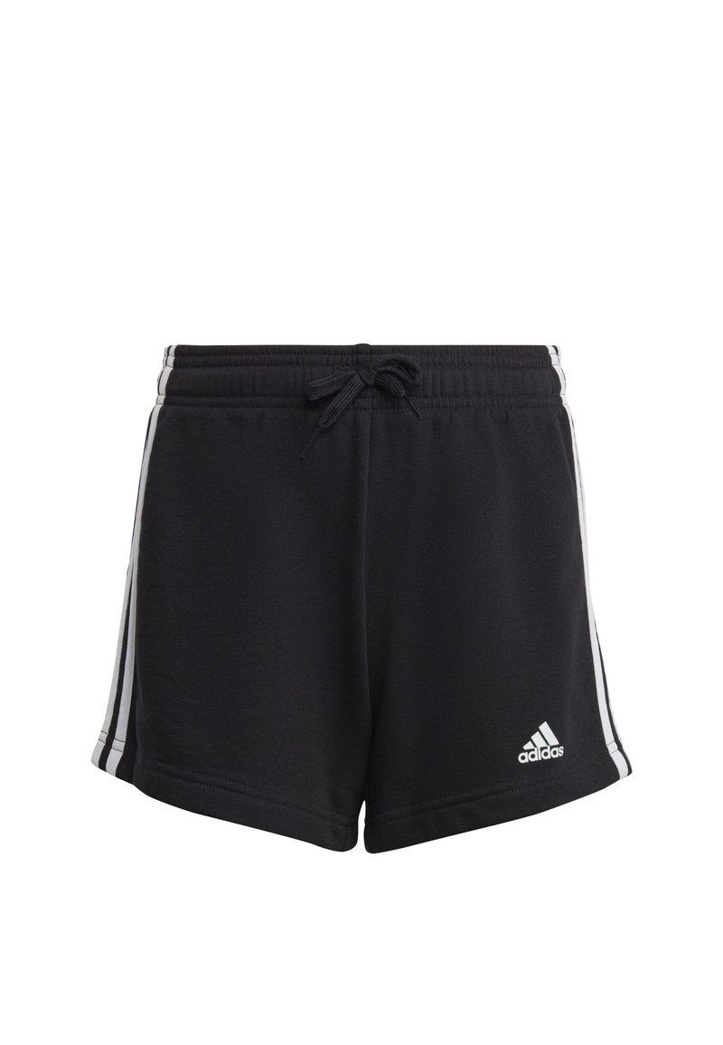 Zwarte sportshorts met een trekkoord in de taille, zijwitte strepen, een gladde textuur en een Adidas-logo op de linkerbovenhoek.