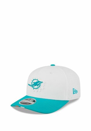 White baseball cap with a teal visor and logo. Features a perforated design on the crown, with a solid color under the brim.