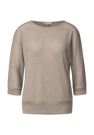 Beige knit sweater with a round neckline, three-quarter sleeves, and a ribbed waistband. Features a textured fabric pattern.