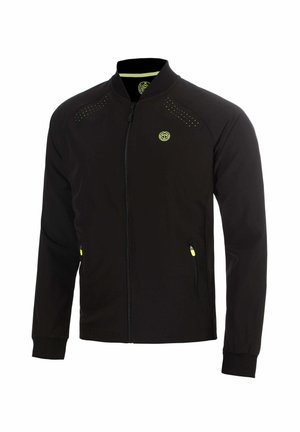 Schwarze Jacke mit Reißverschluss, kleinen Perforationen an den Schultern, zwei Reißverschlusstaschen mit gelben Zippern und einem runden gelben Logo auf der Brust.