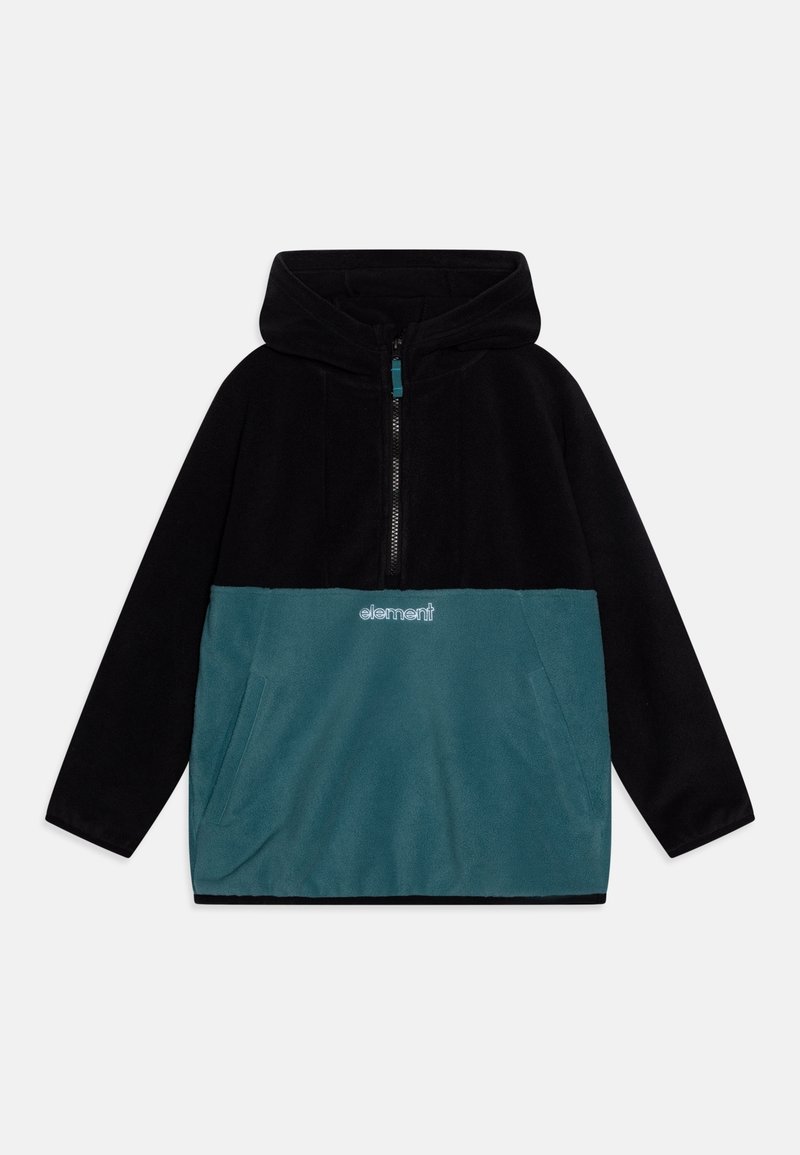 Pull-over en polaire noir et turquoise avec une capuche, une fermeture éclair jusqu'à mi-hauteur à l'avant et une poche avant. Il présente un logo brodé sur la section turquoise.