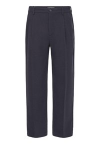 Navyblauwe broek met een getailleerde pasvorm, plooien aan de voorkant en zijzakken. Gemaakt van een gestructureerde stof met een gladde afwerking.