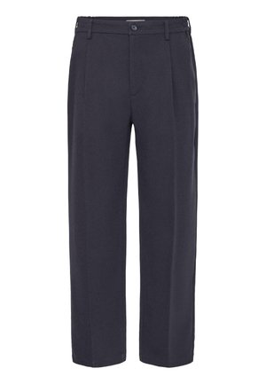 Navyblauwe broek met een getailleerde pasvorm, plooien aan de voorkant en zijzakken. Gemaakt van een gestructureerde stof met een gladde afwerking.
