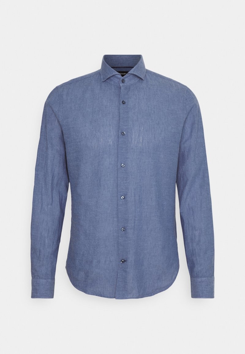 Camicia azzurra a maniche lunghe realizzata in tessuto testurizzato, con colletto alla francese e sei bottoni sul davanti, con un orlo curvo.