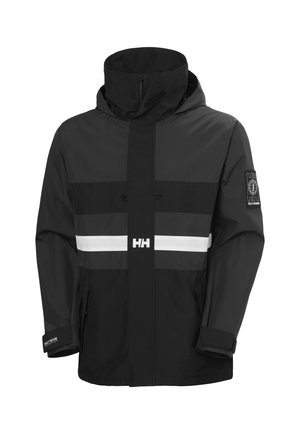Black waterproof jacket with reflective white stripes, high neck, front zipper, and logo patch on sleeve. Features adjustable cuffs and pockets.