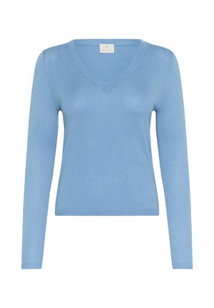 Helehall, pikkade varrukate ja soonikkoega villasärk, millel on V-kaelus ja istuv siluett, kaeluses sees märgiga "KAFFE".