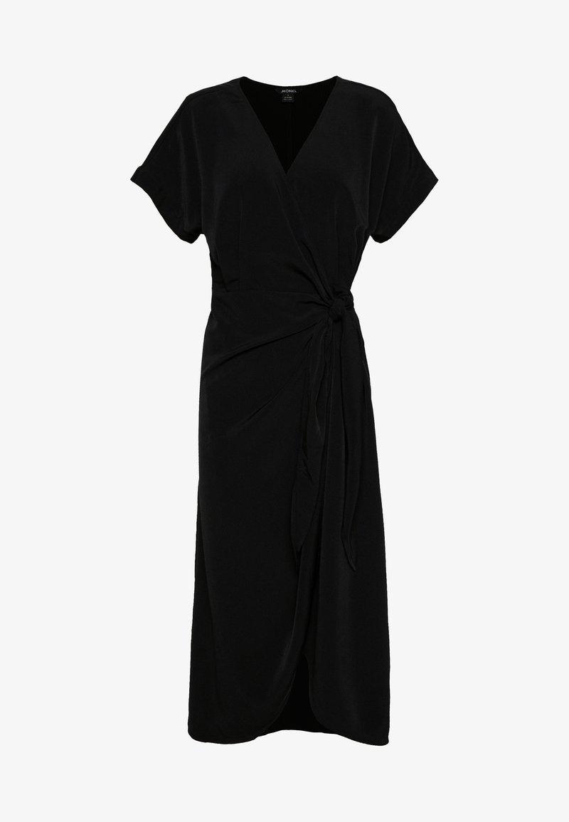 Robe portefeuille midi noire avec manches courtes et détail de nœud noué sur le côté, présentant un décolleté en V et un tissu doux drapé.