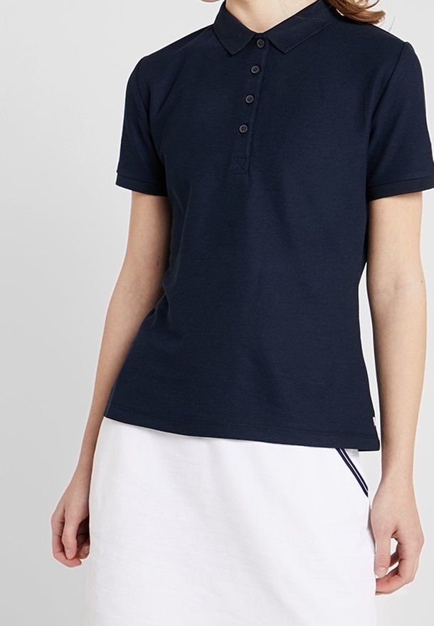 Navy blue short-sleeve polo shirt with a classic collar and five-button placket, made of soft cotton fabric, featuring a fitted design.