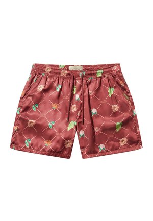 Rdeče satenske kopalke s cvetličnim vzorcem, ki ima rožnate in zelene detajle. Elastičen pas z vrvico in oznako logotipa.