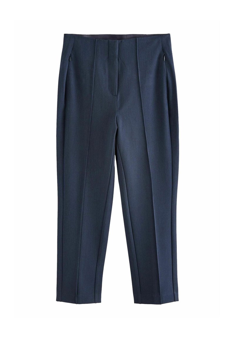 Pantalones marinos con diseño ajustado, dos bolsillos frontales y una textura suave con una línea marcada en la parte delantera para una apariencia refinada.
